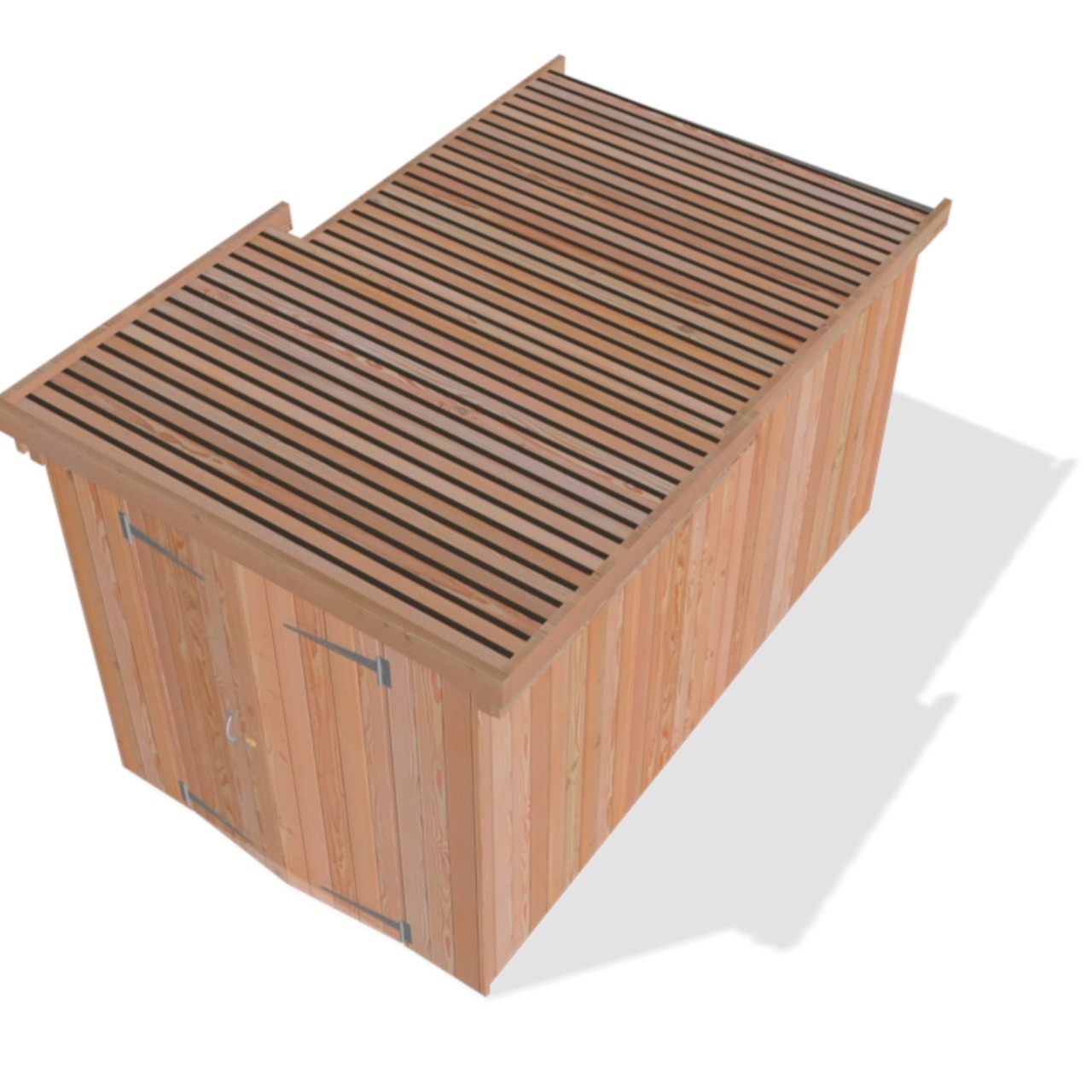 Cargo bike parked beside an outdoor storage shed