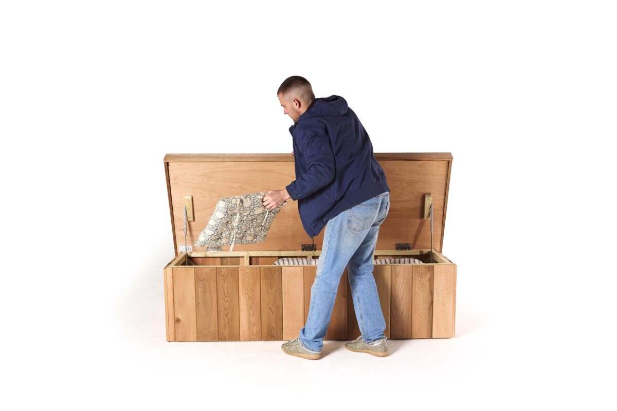 Garden storage bench installed in a customer's garden, shown on the homepage