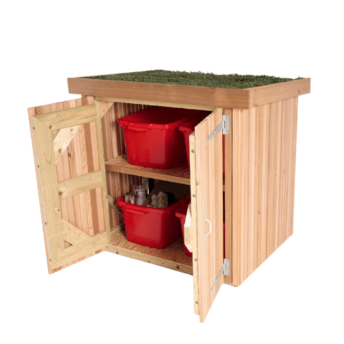 Wooden outdoor storage cupboard with two shelves and red storage bins featuring a green living roof