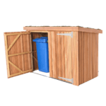 A rendered image of a wooden wheelie bin shed with one door open, revealing a blue recycling bin inside.
